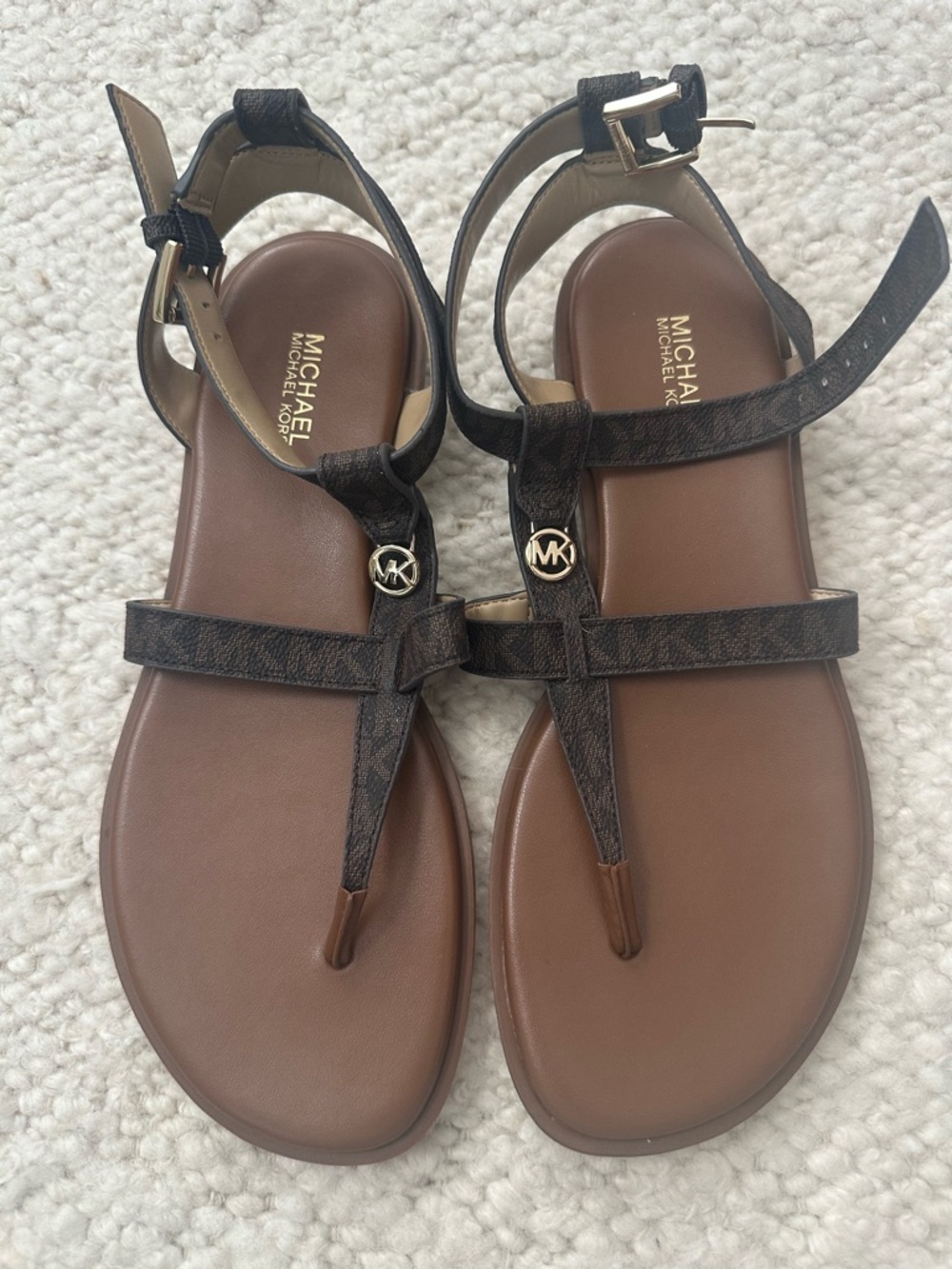 Michael Kors Brown Logo T-Strap Sandals with Gold MK Accent